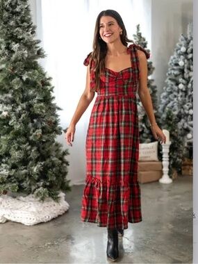 Impressions Red Plaid Tie-Shoulder Sundress